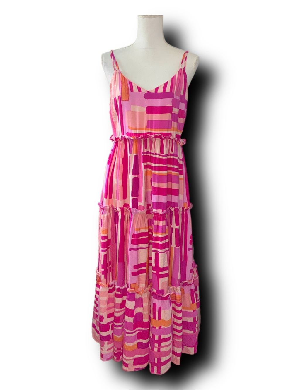 TCEC Abstract Pink & Orange Print Tiered Ruffle Midi Dress - Picture 3 of 7